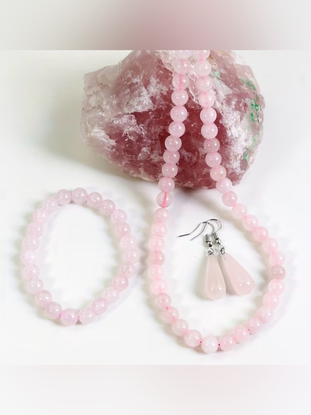 Rose Quartz Jewelry Set - Pink Necklace Bracelet and Earrings Hypoallergenic
